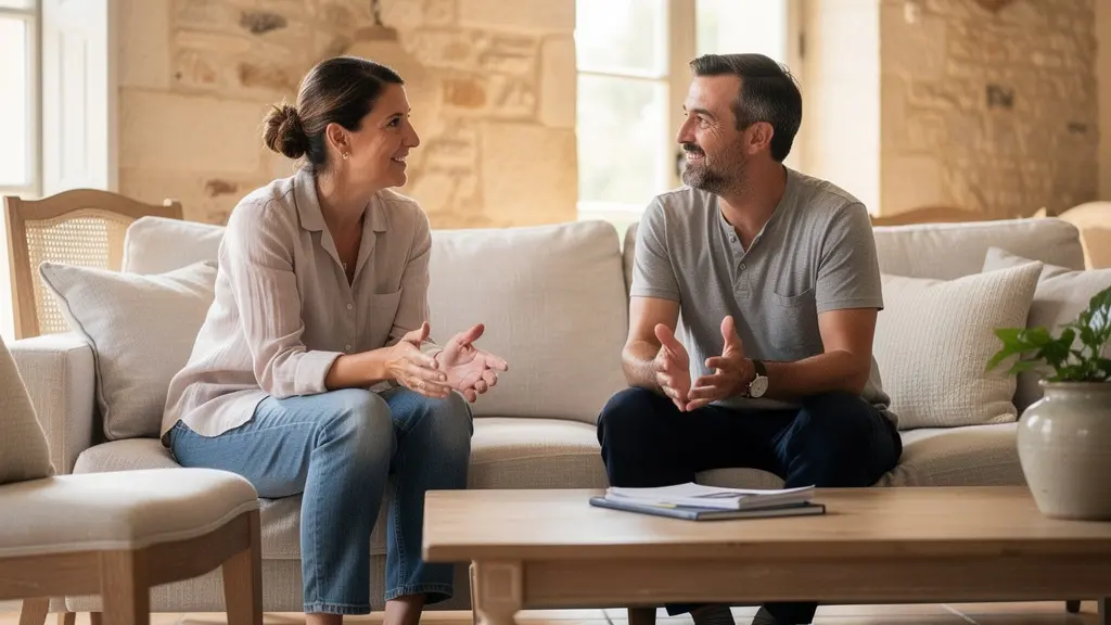 Conseiller immobilier en discussion avec des clients dans un salon de propriété provençale