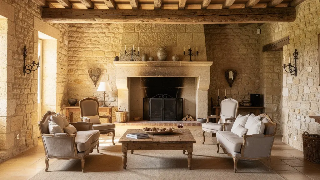 Intérieur élégant d'une propriété de caractère provençale avec pierres apparentes et lumière naturelle