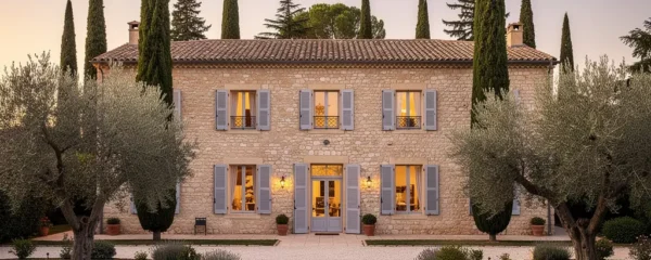 Façade authentique bastide provençale immobilier de luxe avec jardin méditerranéen