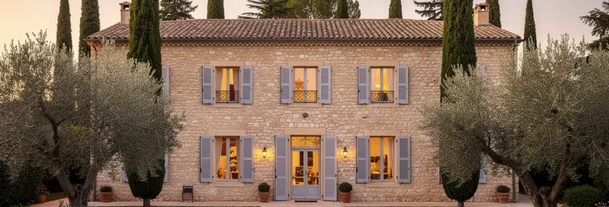 Façade authentique bastide provençale immobilier de luxe avec jardin méditerranéen
