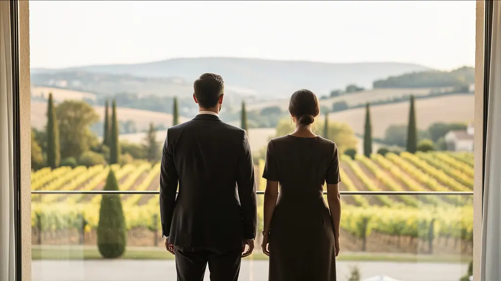 Consultant immobilier et client observant panorama provençal depuis propriété de luxe