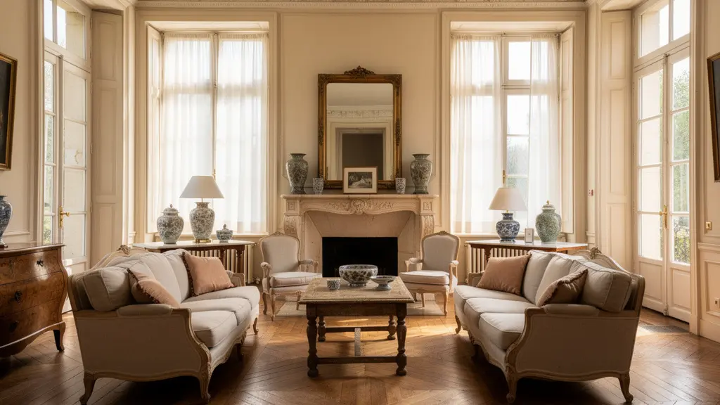 Salon spacieux propriété de prestige française avec cheminée ancienne et parquet massif